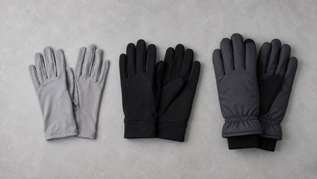 Three pairs of running gloves arranged showing progression from lightweight to insulated for different temperature ranges