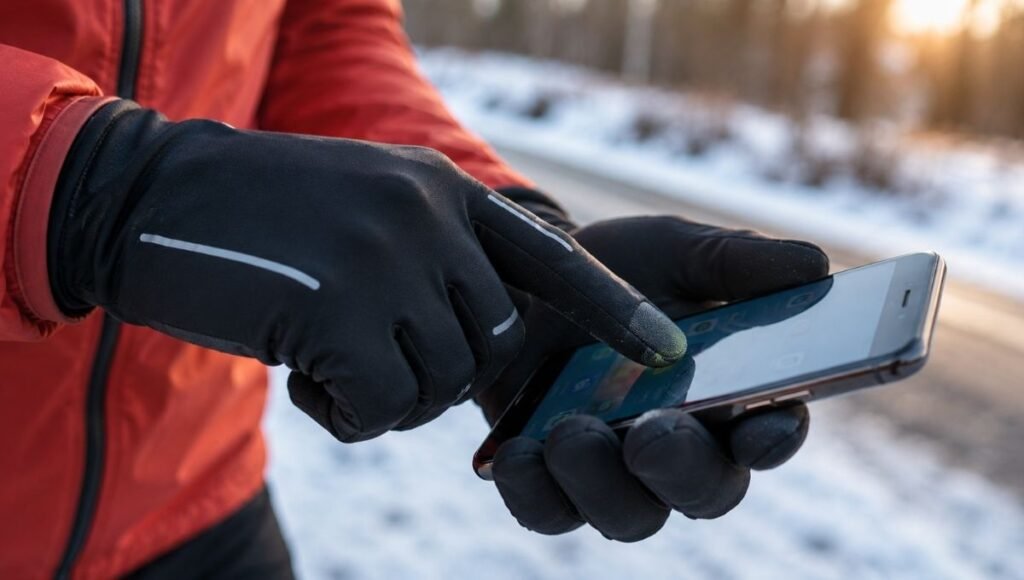 Runner using a smartphone touchscreen with running gloves on showing touchscreen compatible fingertip in use