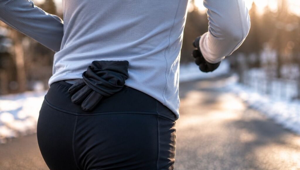Runner mid-run with lightweight running gloves tucked into the back of their running shorts waistband after warming up