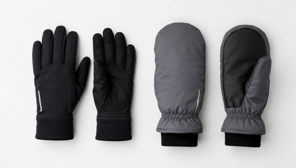 Flat lay side by side comparison of running gloves with individual fingers versus running mittens for cold weather