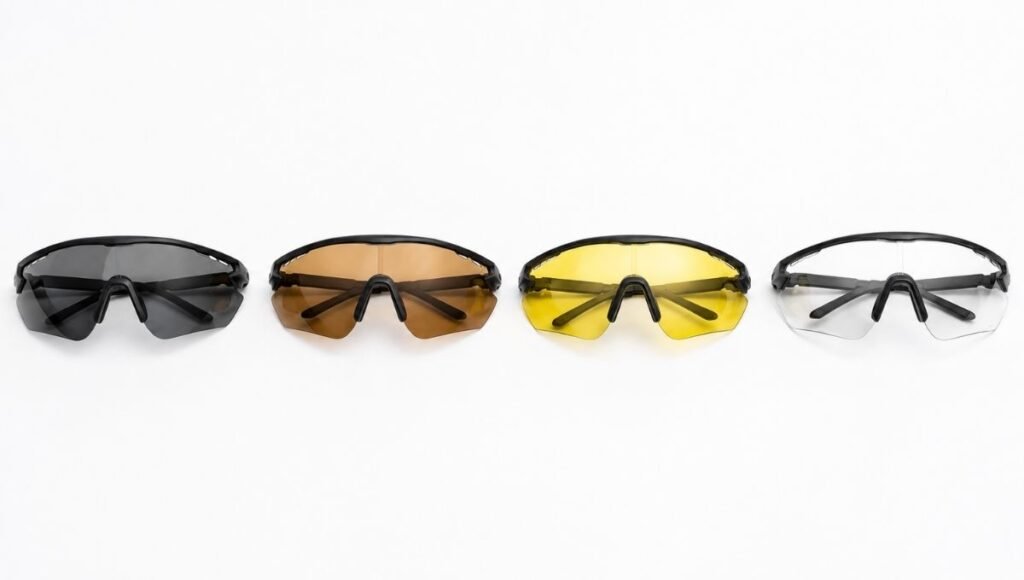 Flat lay of four running sunglasses showing different lens tint colors from gray to brown amber yellow and clear