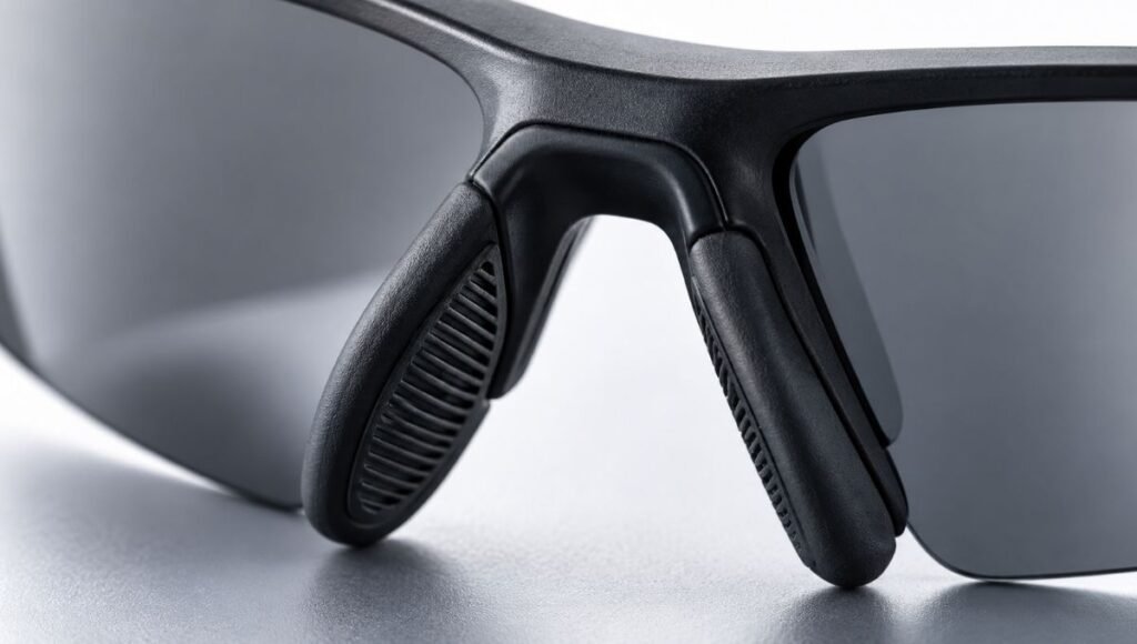 Close-up macro detail of running sunglasses rubber nose pads showing grippy silicone construction for no-slip fit
