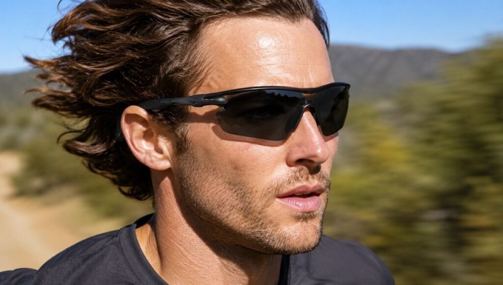 Close-up of a runner's face showing running sunglasses staying perfectly in place during an active running stride
