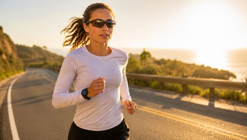 Woman runner wearing well-fitted running sunglasses designed for smaller faces on a bright outdoor morning run