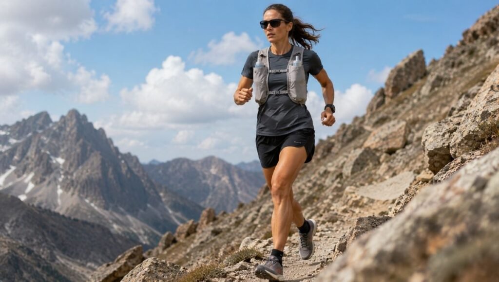 Woman trail running wearing a fitted running hydration vest with soft flask pockets on a mountain trail