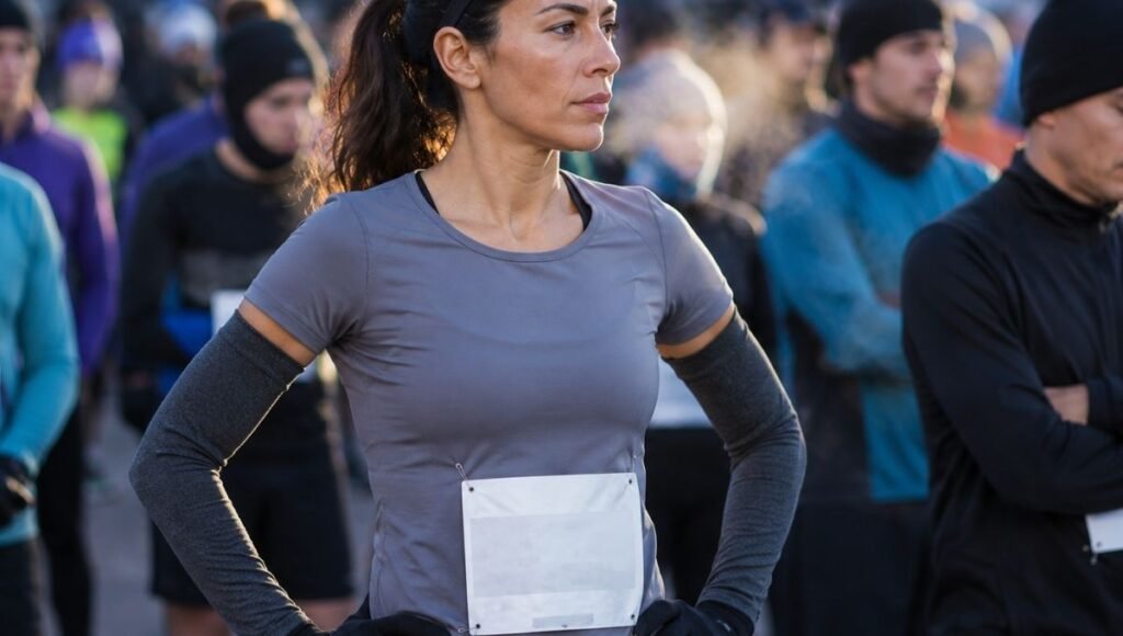 Runner at a cold morning race start line wearing arm warmers over a short sleeve running shirt ready for race start