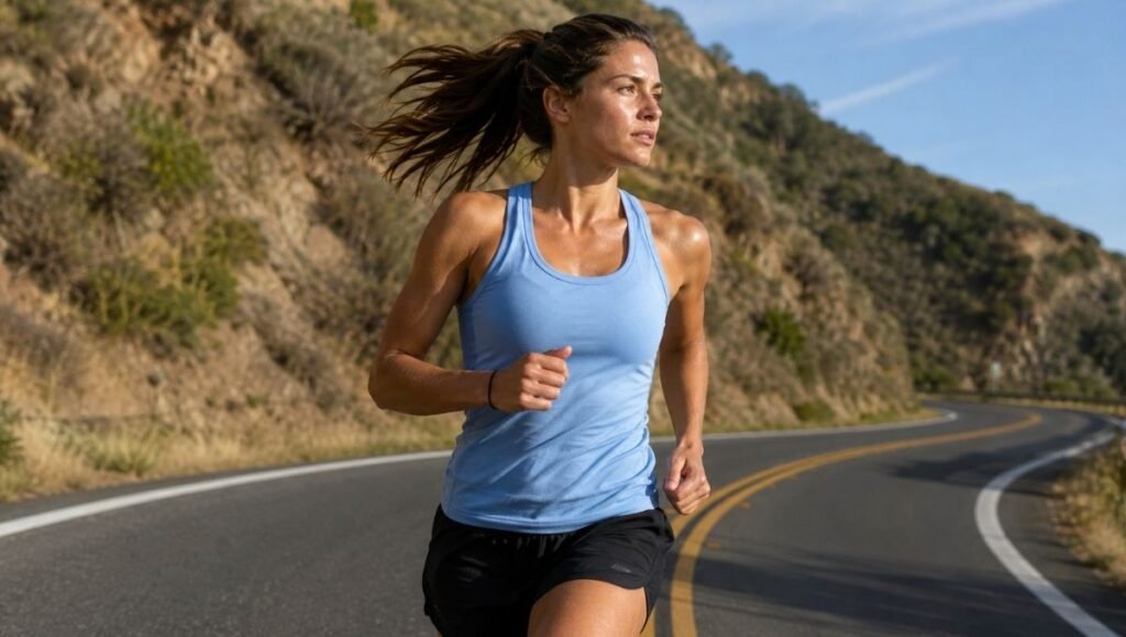 Woman running outdoors in a lightweight running tank top showing breathable fit and moisture wicking fabric in action