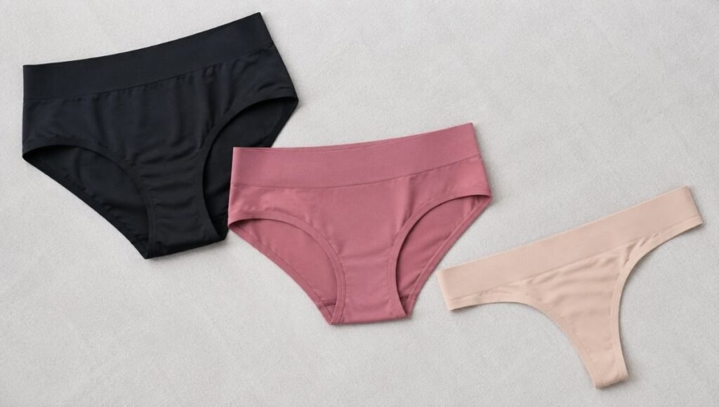 Flat lay of women's running underwear options including seamless brief and thong styles in neutral colors