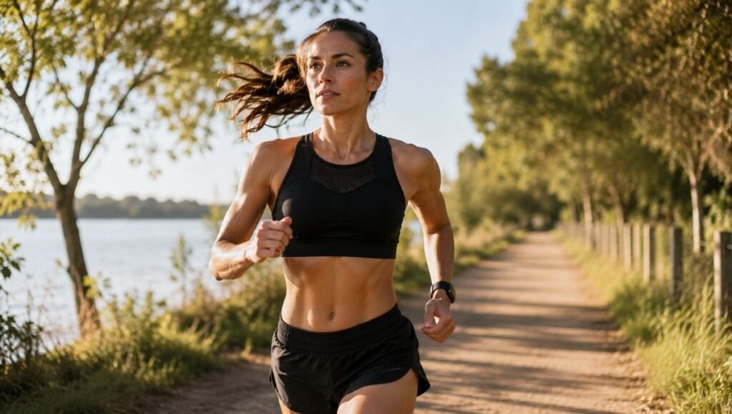 Female runner mid-stride wearing a supportive high-impact sports bra showing secure fit during outdoor run