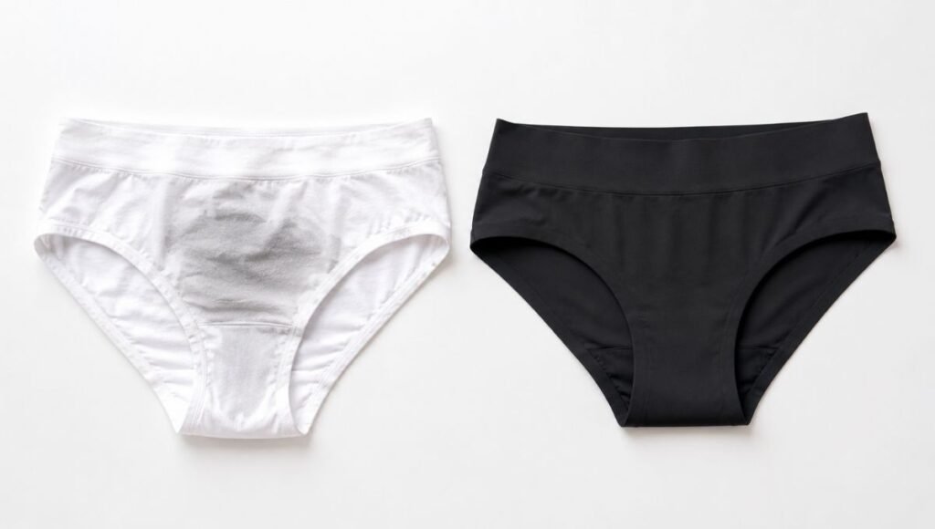 Flat lay comparison of a cotton underwear showing absorbed moisture versus a dry technical running underwear beside it