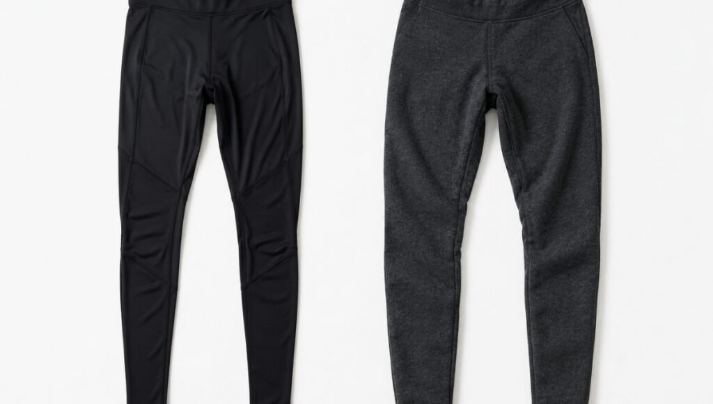 Flat lay comparison of thin black compression running tights on left and thicker thermal insulated running tights on right