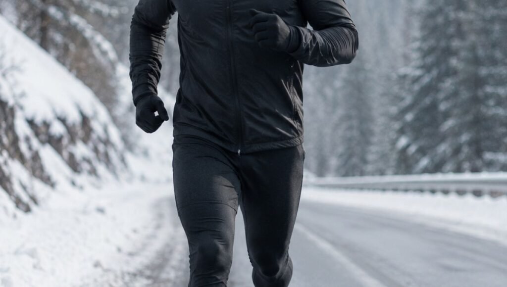 Male runner fully geared for extreme cold running in heavy thermal tights running jacket gloves and hat on a snowy morning