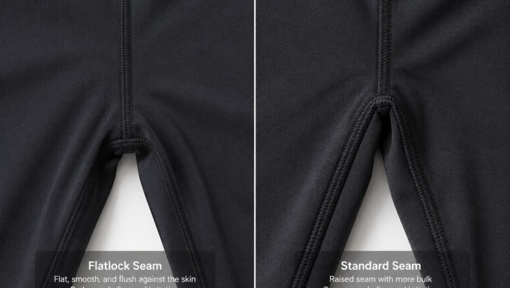 Close-up comparison of running tights inner thigh showing flat flatlock seam versus raised standard seam construction