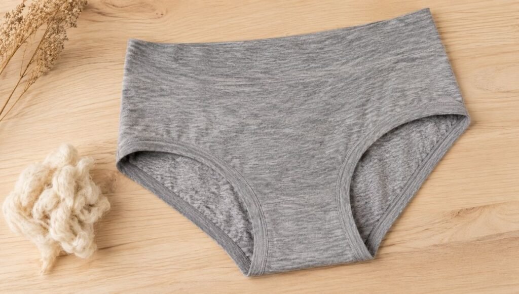 Flat lay of merino wool running underwear showing natural heather texture alongside a sprig of merino wool fiber