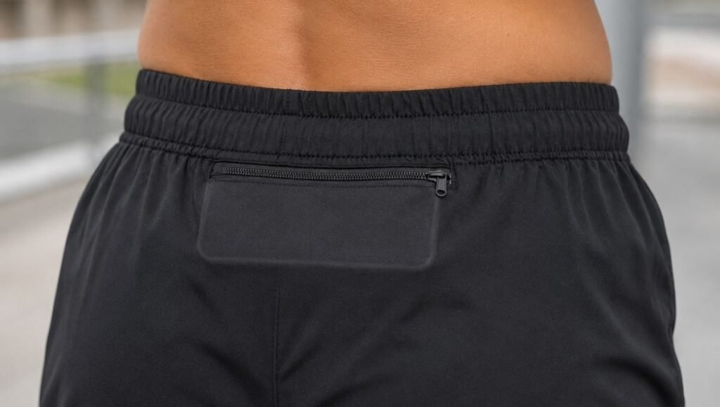Close-up of running shorts rear waistband zippered pocket with smartphone fully stored inside and zipper closed showing secure storage