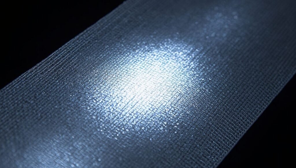 Close-up of reflective fabric glowing intensely when illuminated by a direct light source demonstrating candlepower reflectivity
