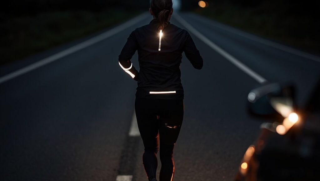 Runner on a dark road illuminated by car headlights showing reflective jacket strips glowing brightly for visibility