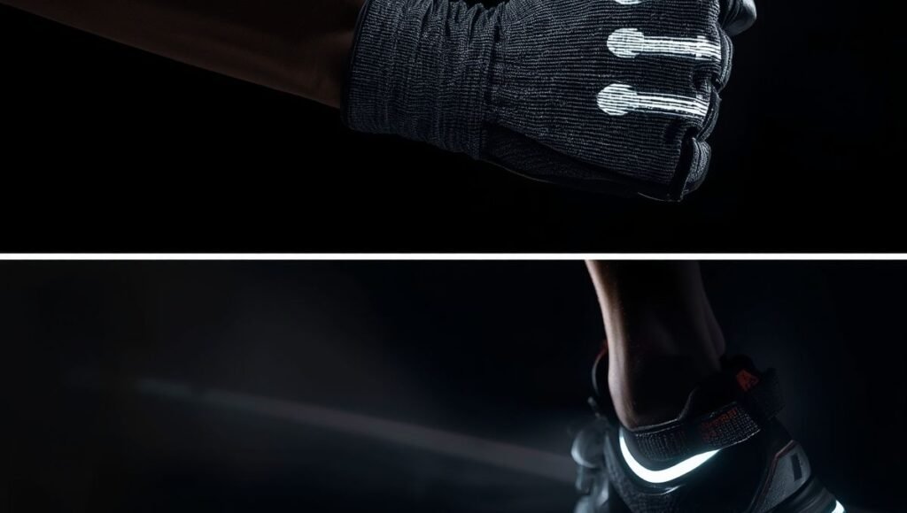 Close-up of reflective running gloves and shoe details glowing under light showing motion zone visibility at hands and feet