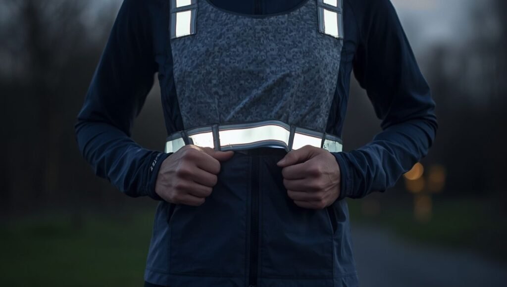Runner pulling a lightweight reflective vest on over their running outfit before a dark morning run