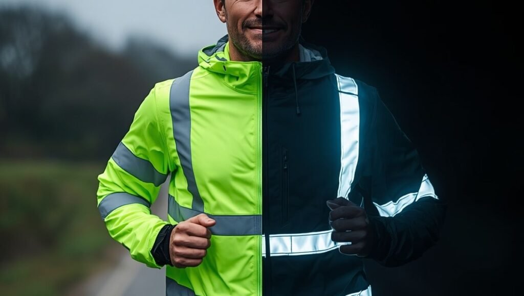 Split image showing fluorescent yellow hi-vis running gear in daylight on left and reflective gear glowing under headlights at night on right