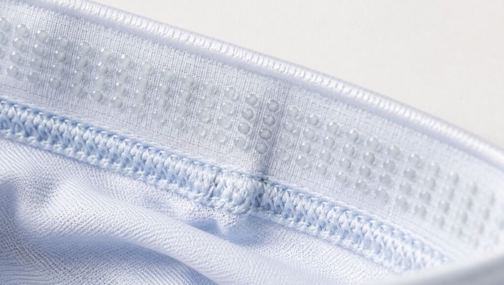 Close-up macro of the inner upper cuff of a running arm sleeve showing silicone grip dots that prevent sliding