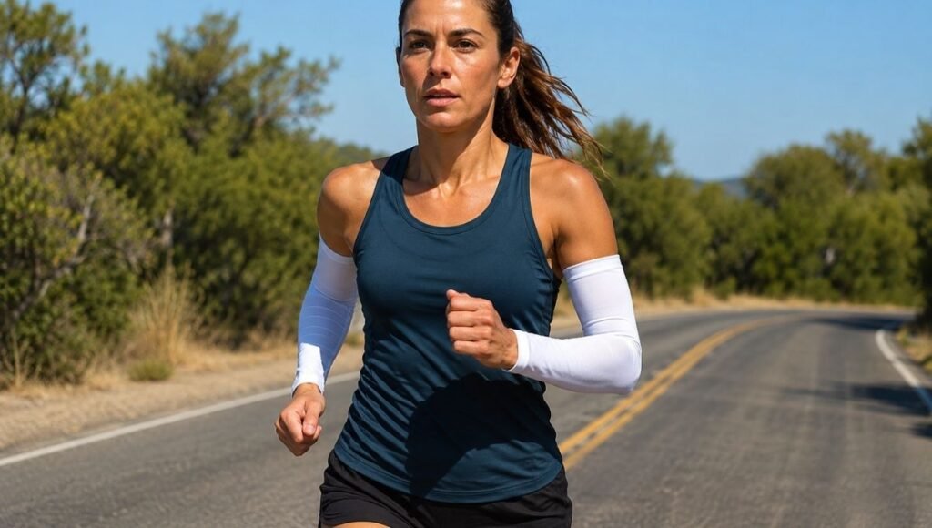 Runner mid-stride wearing white UV sun arm sleeves on a bright sunny outdoor road showing lightweight coverage