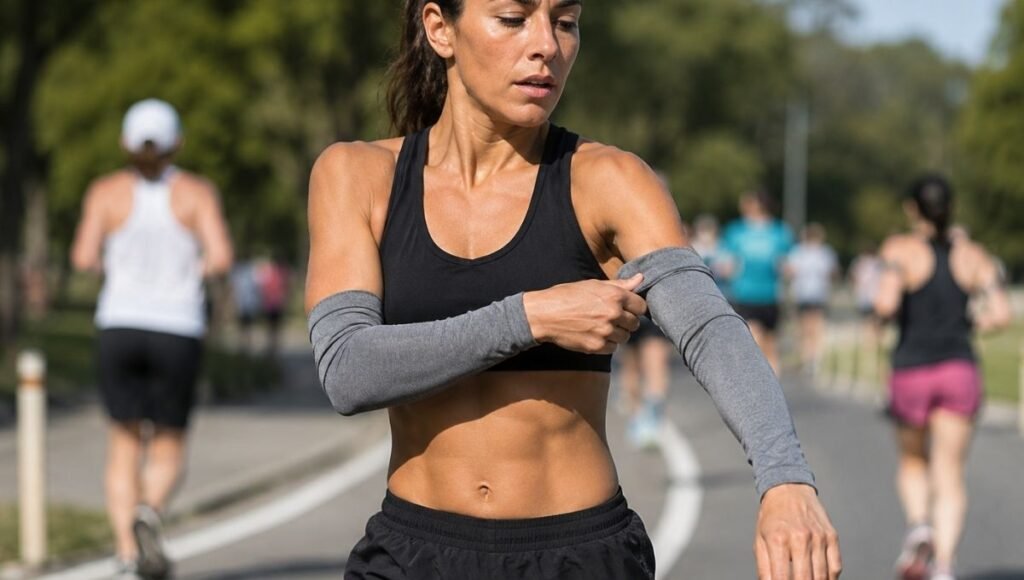 Runner mid-stride pulling down an arm warmer sleeve from bicep toward wrist showing mid-run removal technique