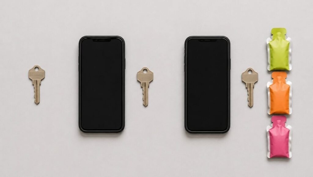 Flat lay showing three groupings of running essentials from minimal key only to full phone gels and key carry load