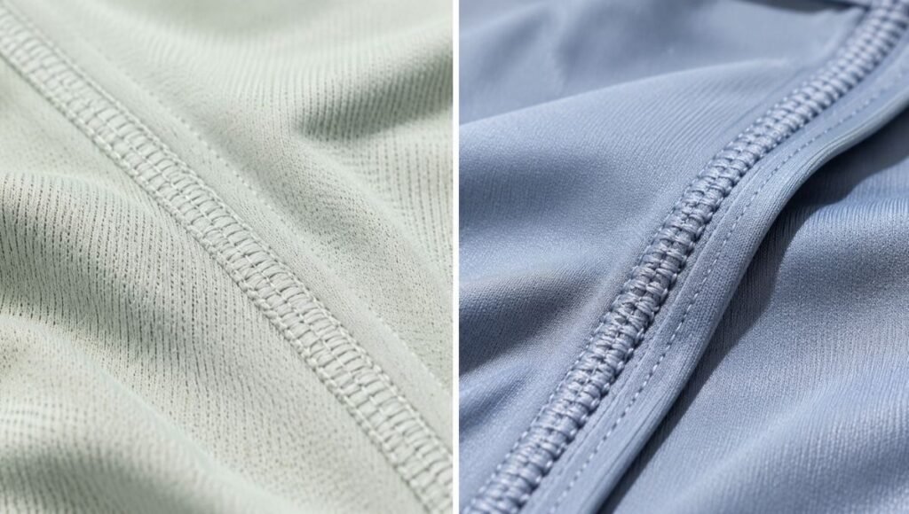 Close-up macro comparison showing a flat flatlock seam versus a raised standard seam on the interior of running shirts