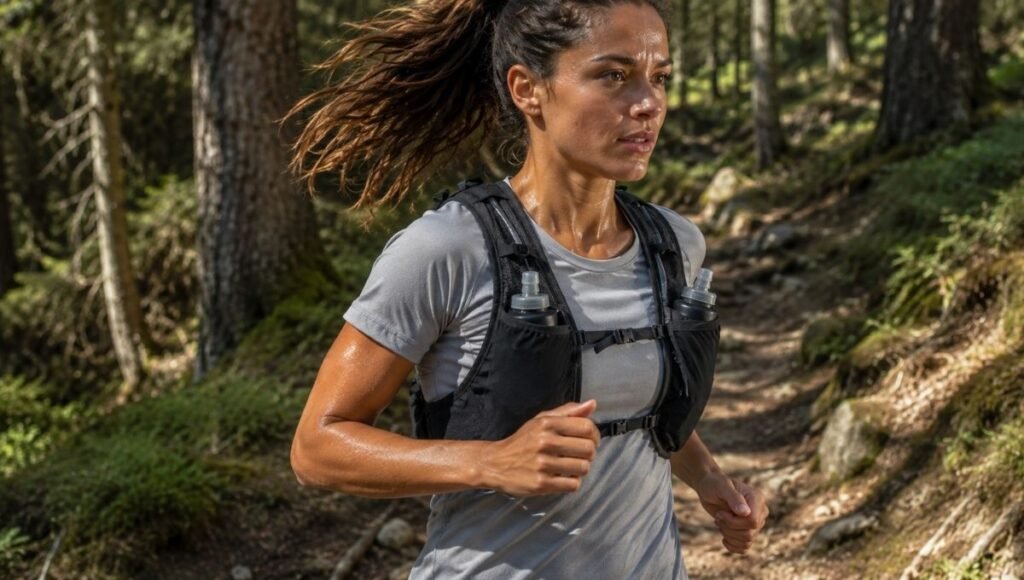 Woman trail running wearing a short sleeve running shirt under a hydration vest showing proper coverage at shoulder contact points