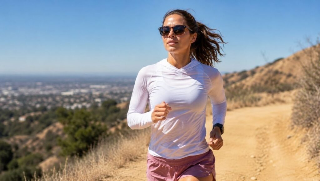 Woman running in direct summer sunlight wearing a lightweight UPF 50 running shirt showing sun protection coverage on arms and shoulders
