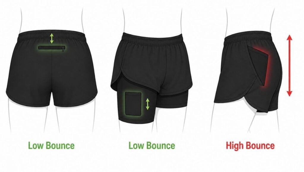 Diagram showing three running shorts with arrows indicating low bounce at rear waistband versus high bounce at side hip pocket