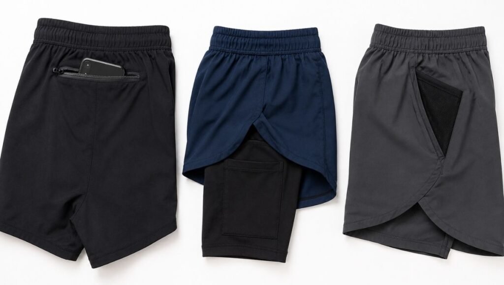 Flat lay of three running shorts showing different pocket designs including rear waistband zip pocket liner pocket and side hip pocket
