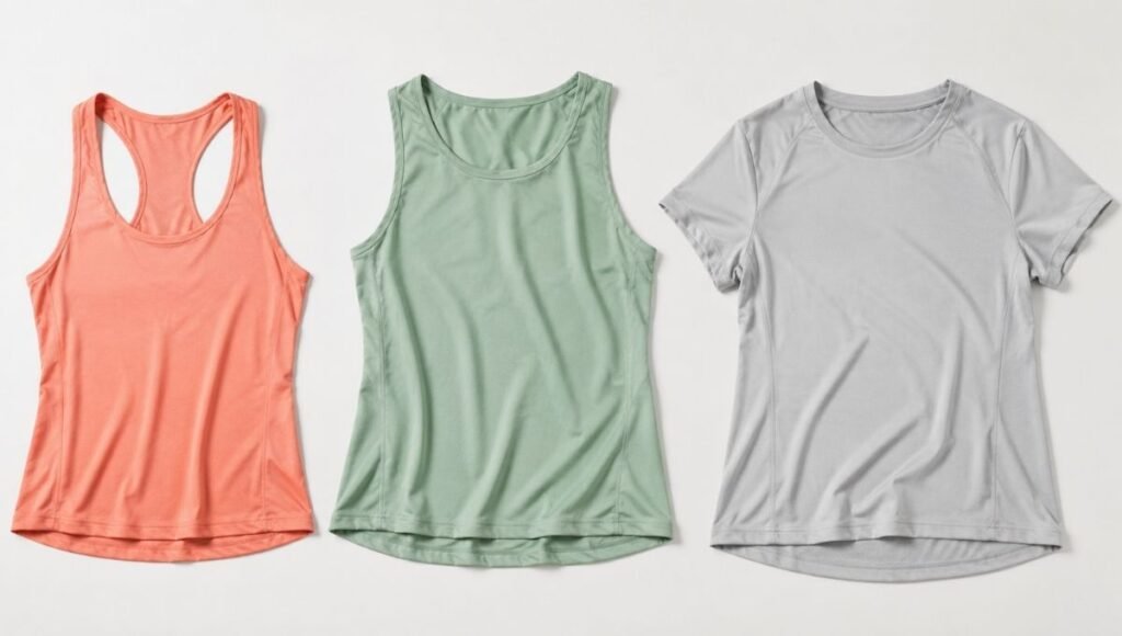 Flat lay comparison of three women's running tops showing a singlet a tank top and a short sleeve shirt side by side
