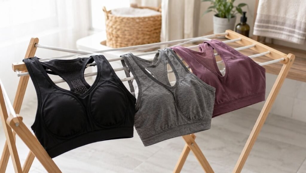 Sports bras hanging to air dry on a drying rack showing correct post-wash care to preserve elastic and support
