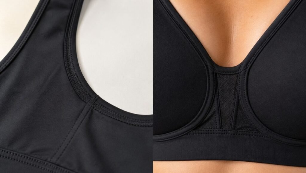 Close-up of a sports bra showing the underarm seam and center gore areas that commonly cause chafing during running