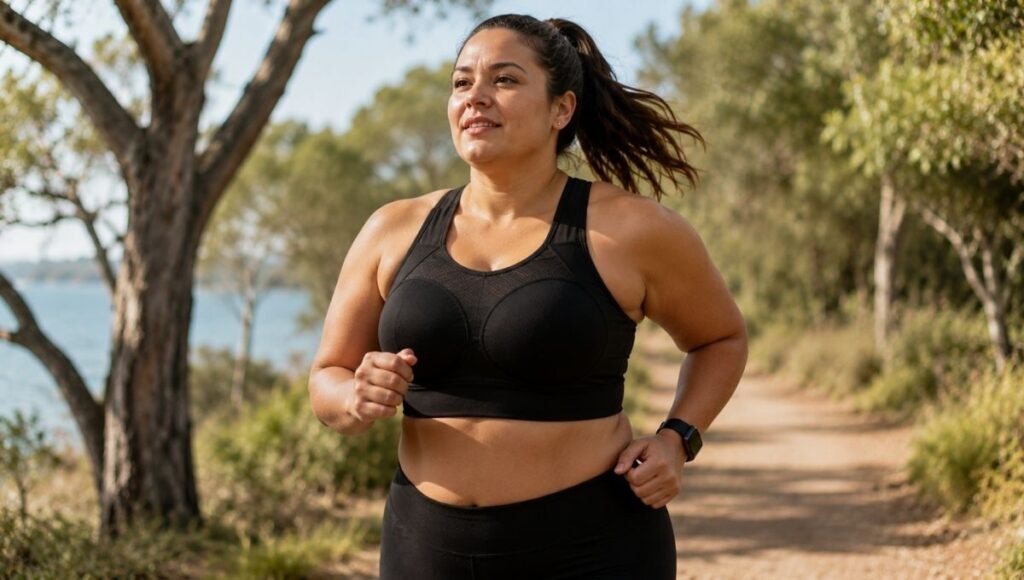 Athletic woman with a fuller bust running outdoors wearing a structured encapsulation sports bra showing secure high-impact support
