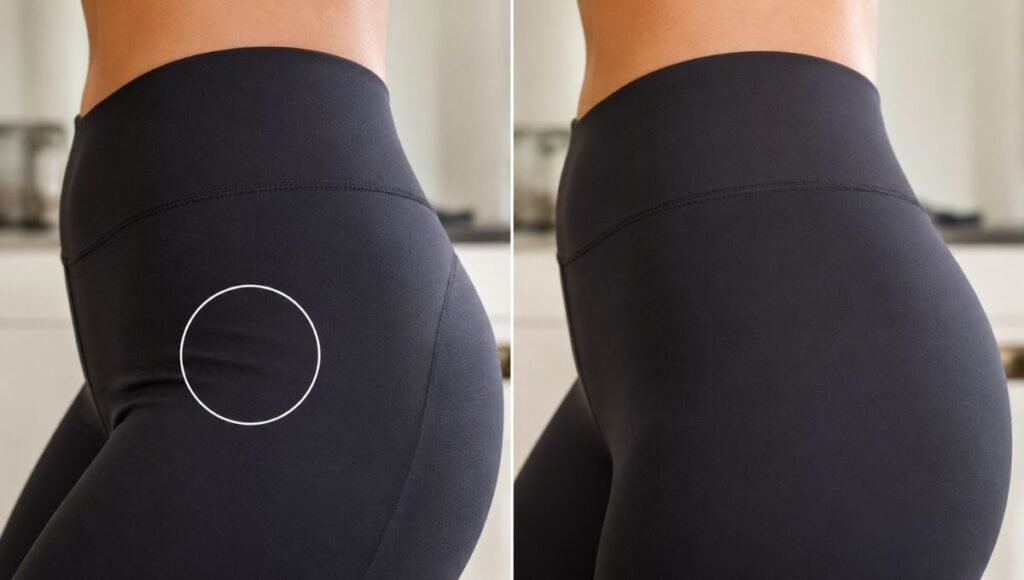 Close-up of a woman's hip area wearing seamless running underwear under black running tights showing no visible panty line