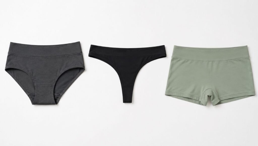 Flat lay showing three running underwear styles side by side including brief thong and boyshort in neutral athletic colors