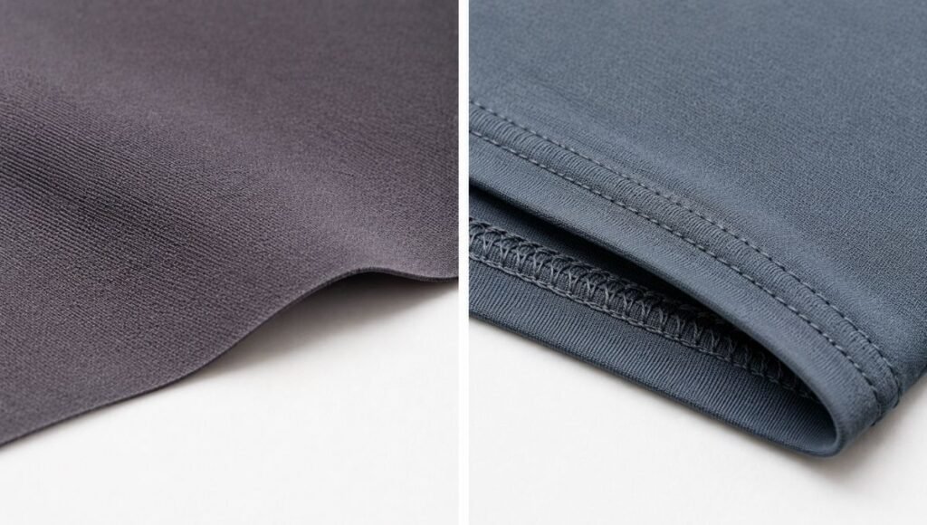 Macro close-up of seamless running underwear fabric showing smooth edge construction with no raised seams