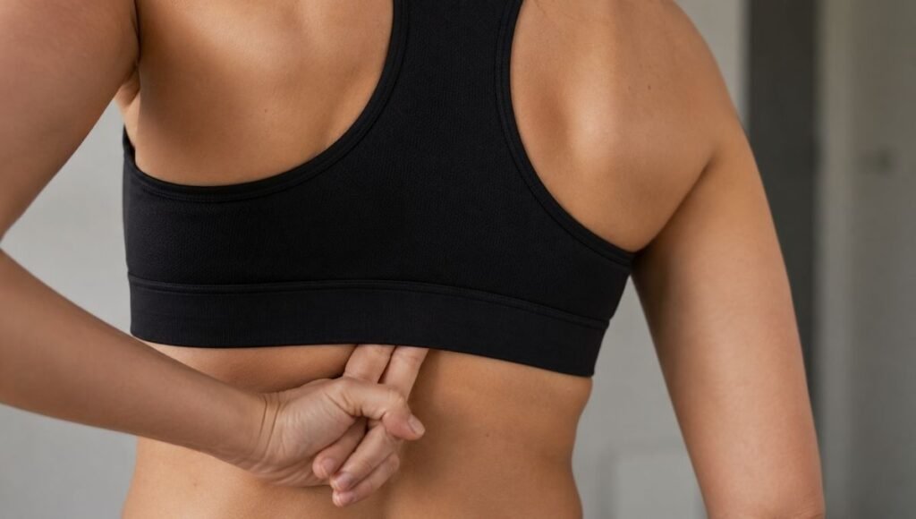 Woman checking the fit of a sports bra band with two fingers to test if the band is the correct tightness