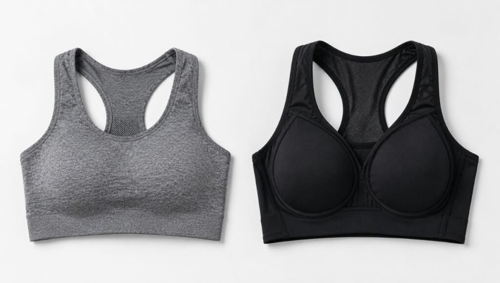 Flat lay comparison of a compression style sports bra on the left and an encapsulation style sports bra with separate cups on the right