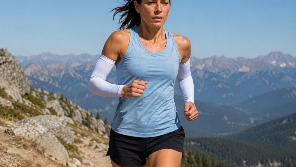 Trail runner wearing UPF 50 sun arm sleeves on an exposed sunny mountain trail protecting arms from UV