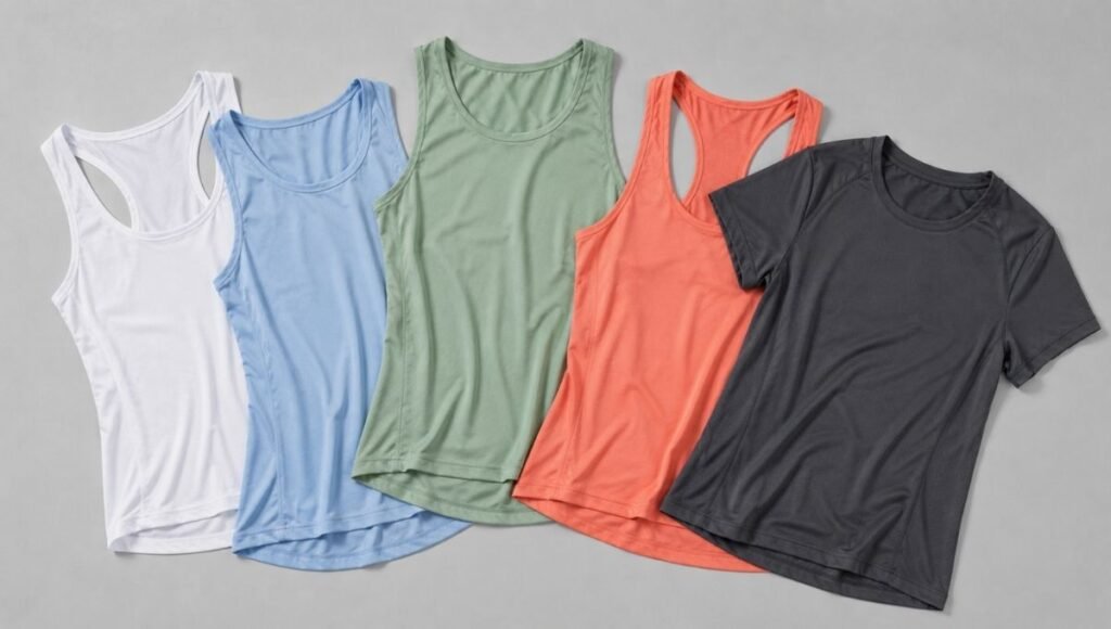Flat lay collection of women's running tops in multiple styles and colors including tanks singlets and short sleeves