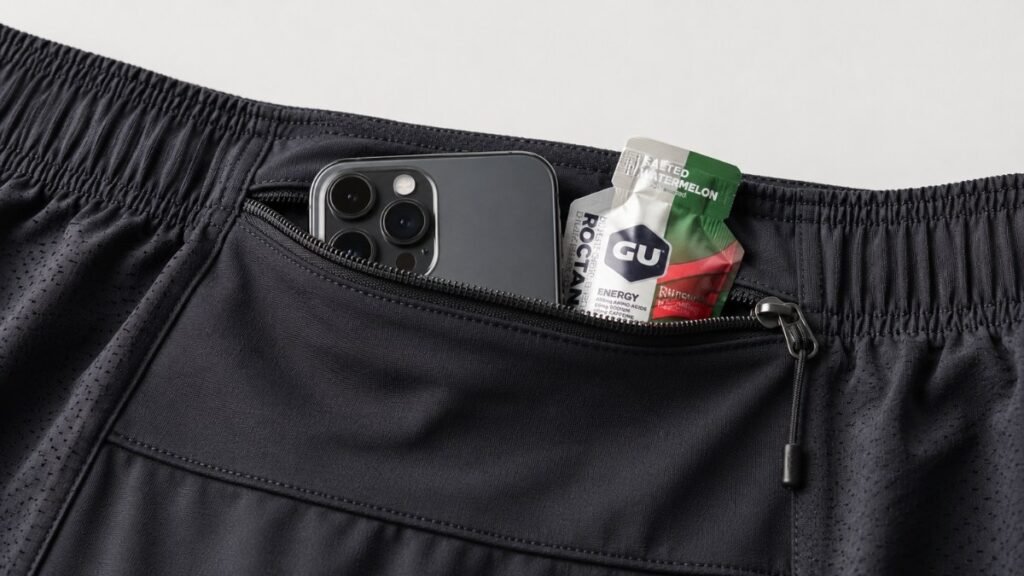 Running shorts pocket holding a smartphone and energy gel packets securely