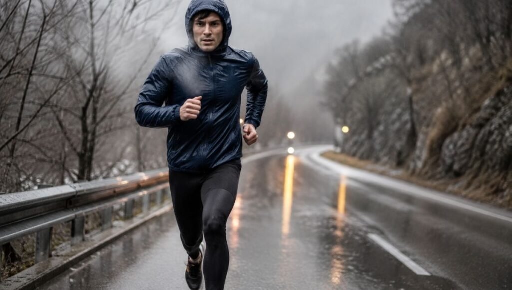 Male runner on a cold wet road wearing a lightweight running jacket with hood up showing weather protection during a rain run