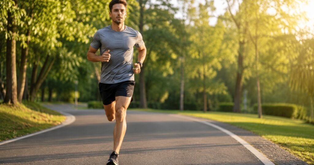 Man wearing a complete running outfit running outdoors on a sunny trail