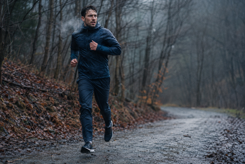 Runner on a wet windy trail wearing windproof running pants and a running jacket in cold rainy conditions