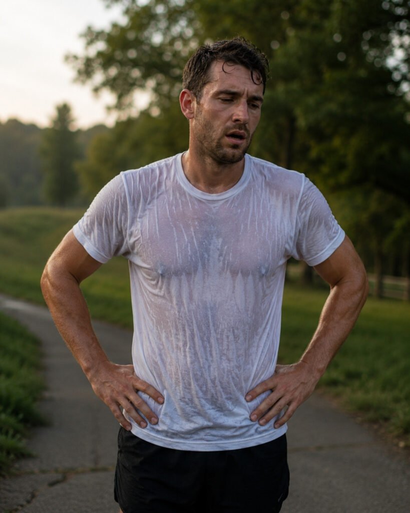 Male runner after a run showing a visibly sweat-soaked heavy cotton shirt demonstrating why cotton fails for running