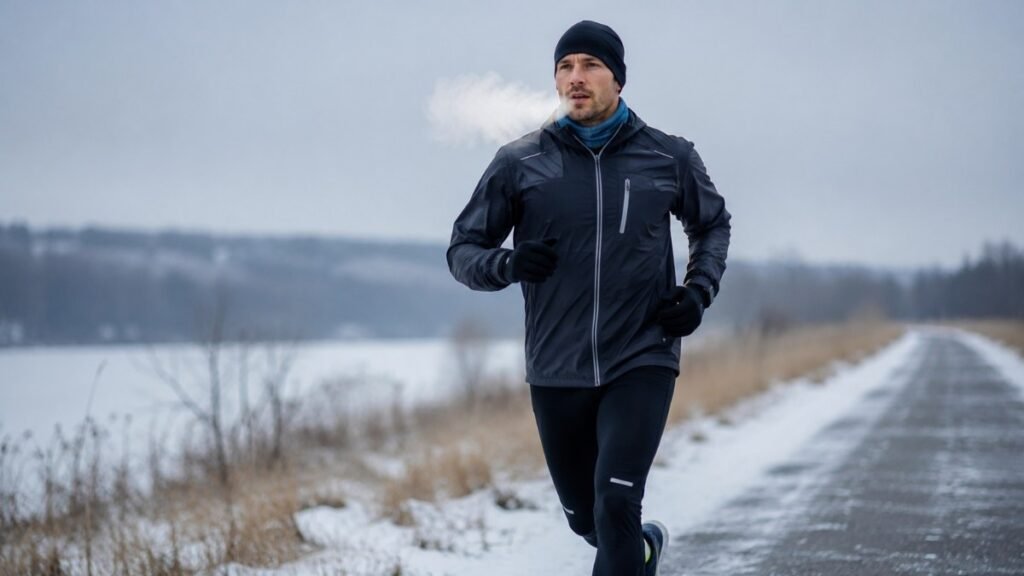 Man wearing layered cold-weather running gear including base layer, jacket, and tights